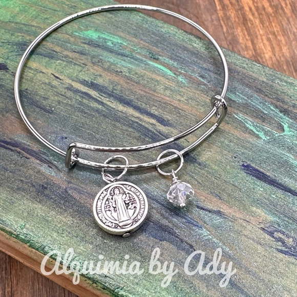 Silver statement adjustable Saint Benedict bangle bracelet rock crystal - Picture 1 of 4